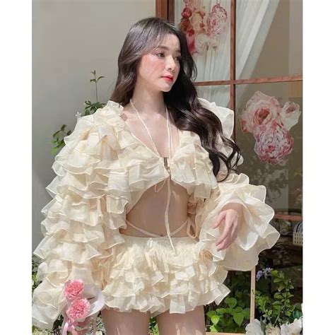 P178 Set áo crop nude voan tầng bèo tay dài kèm bra phối chân váy xòe nhiều tầng Shopee Việt Nam
