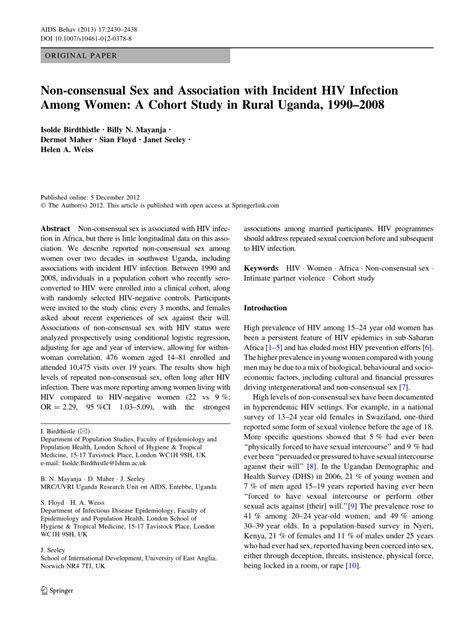 PDF Non Consensual Sex And Association With Incident HIV Infection