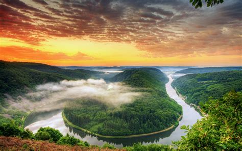 Germany scenery, Saarland, the river bend, mountains, sunset, orange sky, clouds wallpaper ...