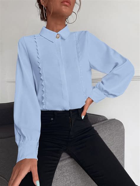 Blue Elegant Collar Long Sleeve Fabric Plain Shirt Embellished Non