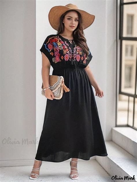 Olivia Mark Womens Plus Size Boho Dress With Floral Embroidery Short