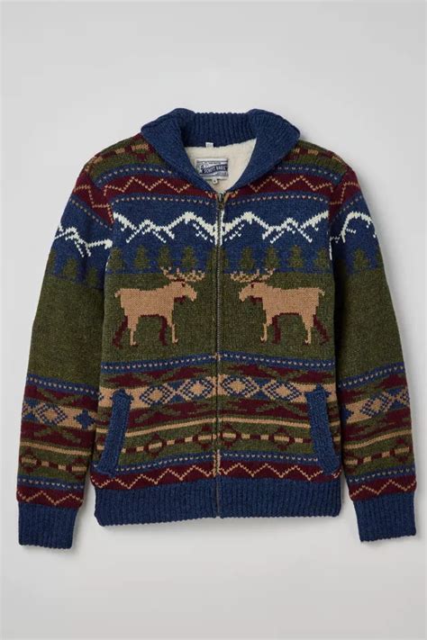 Schott Moose Motif Zip Front Sweater Urban Outfitters