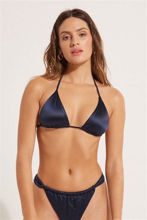 Top De Bikini Triangular Azul Marino Brillante Con Copas Extra Bles Tri Ngulo Mujer