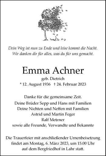 Traueranzeigen Von Emma Achner Schwarzw Lder Bote Trauer