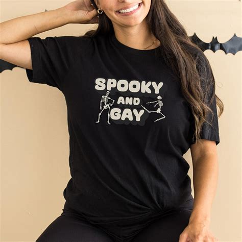 Spooky And Gay Tshirt Halloween Funny Dancing Skeleton Shirt LGBTQ Tee Goth Gift Retro
