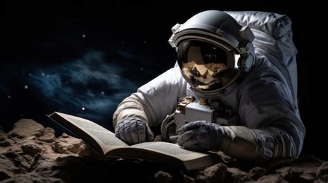 Astronauta Absorto Leyendo Un Libro En El Espacio Foto Premium