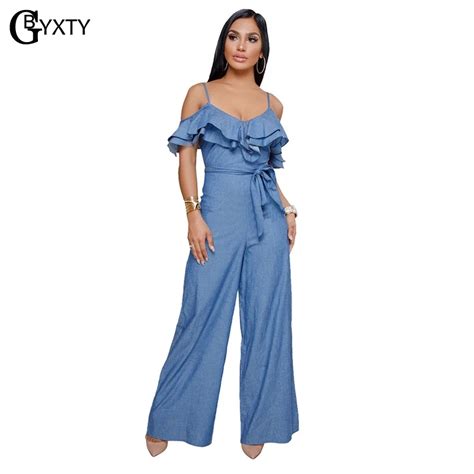 Gbyxty Sexy Strap Backless Ruffles Jumpsuits Womens Summer Vintage Wide