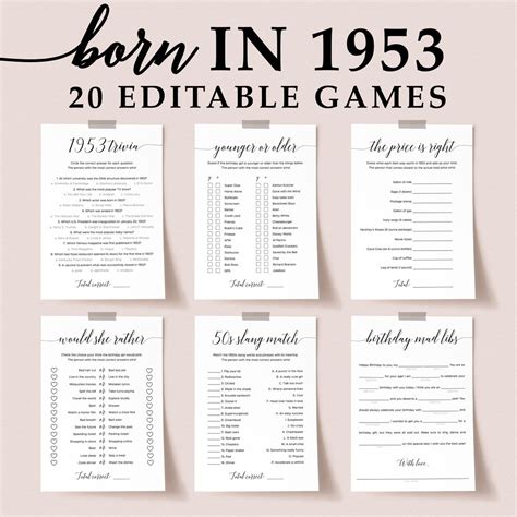 1953 Birthday Games Bundle 70th Birthday Party Games Editable Templates