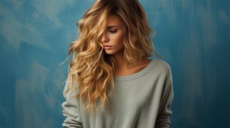 Premium Photo Beautiful Blonde Woman Model In Blue Sweater Posing In Studio