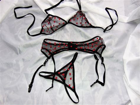 Transparent Lingerie Set With Red Hearts Bralette Thong And Garter Belt Etsy