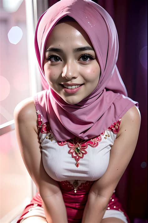 A close up of a woman wearing a pink hijab and a white bra - SeaArt AI