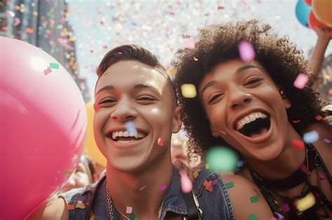 Casal Gay Feliz Comemorando Na Parada Do Orgulho Lgbtq Em Nova York Eua Pride Month Celebration