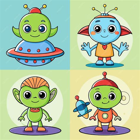 Four cute cartoon aliens in different styles including one flying in a ...