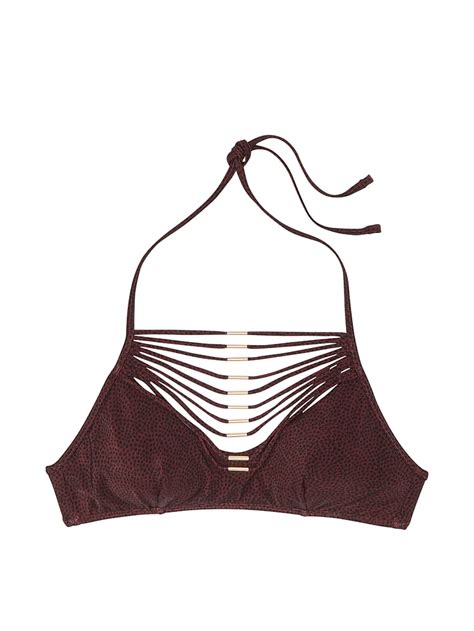 Buy VS Archives Strappy Hardware Halter Bikini Top Burgundy Dots Order Bikini Top Online