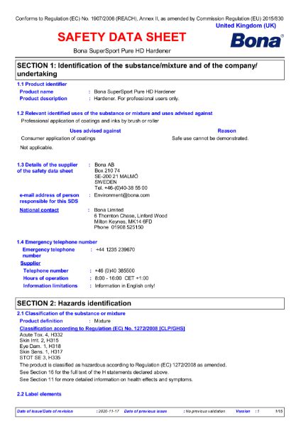 Bona SuperSport Pure HD Hardener Safety Data Sheet Bona Limited