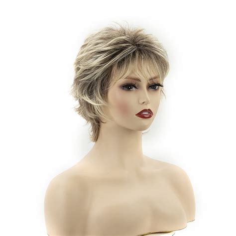 Short Blonde Pixie Cut Wigs For White Women Dark Brown Ombre Blonde Synthetic Hair Wigs Natural
