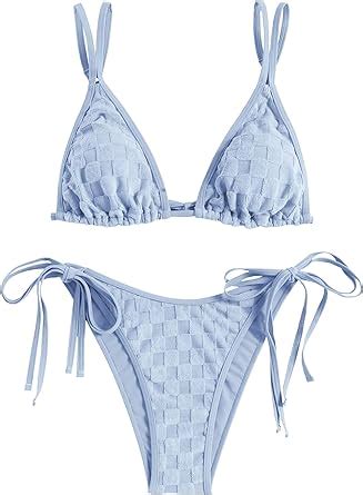 Amazon Zaful Bathing Suit Bikini Set Double Shoulder Straps Checkered Swimwear Tie Side