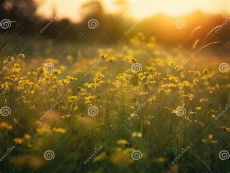 Field Of Yellow Flowers At Sunset Stock Illustration Illustration Of