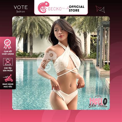 HCM Bikini GECKO 2 Mảnh Xẻ Chéo Cổ Áo Bảng To 2M04 A Ảnh Thật Shopee Việt Nam