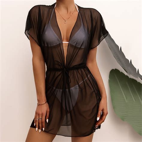 Plus Size Swimsuit Women Sheer Mesh Cover Up Shorts Beach Cover Up Beach Wrap Bikini Wraps Solid