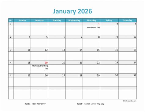 Free Download 2026 Excel Calendar large boxes in the grid (horizontal)