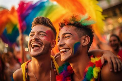 Premium Ai Image Smiling Couple Celebrating At Lgbtq Gay Pride Parade In Sao Paulo Pride Month