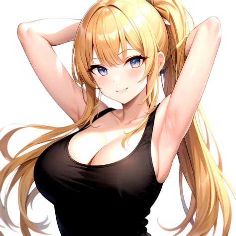 Beatrix Amerhauser 1girl Armpits Arms Behind Head Bare Shoulders Blonde Hair Breasts Cleavage
