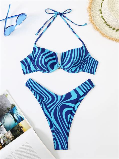 Bañador bikini con estampado de onda corte V con aro corte alto Moda