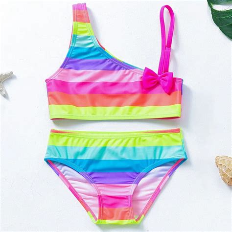 Rainbow Stripe Bow Girl Bikini Swimsuit Set