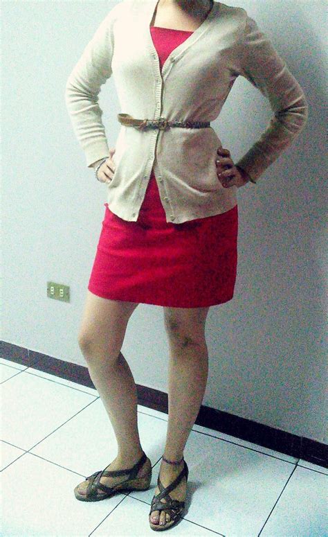 Outfit Red Short Dress Nude Beige Cardigan Brown Belt Brown Sandals Red Dress Short