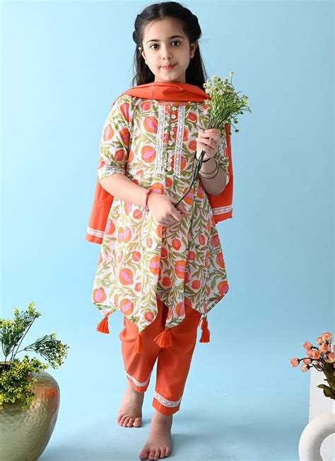 Shop White With Orange Floral Printed Cotton Anarkali Suit Leisure Wear