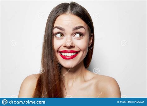 Cheerful Woman Naked Shoulders Smile Red Lips Looks Aside Stock Photo Image Of Portrait