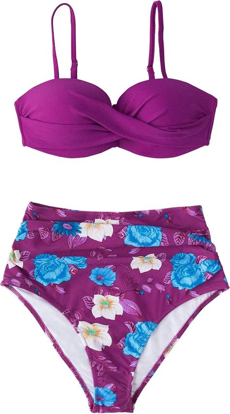 Amazon Cupshe Women S High Waist Bikini Swimsuit Twist Floral Print Two Piece Bathing Suit