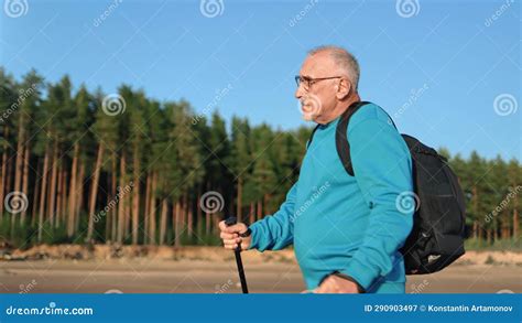 Pensive Backpacker Grandfather Elderly Man Scandinavian Walking Stick