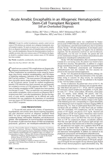 Pdf Acute Amebic Encephalitis In An Allogeneic Hematopoietic Stem Cell Transplant Recipient