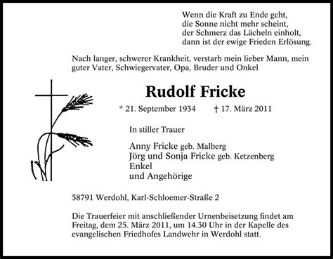 Traueranzeigen Von Rudolf Fricke Trauer In Nrw De