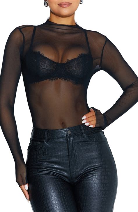 Naked Wardrobe Funnel Neck Long Sleeve Sheer Mesh Top Cream Editorialist