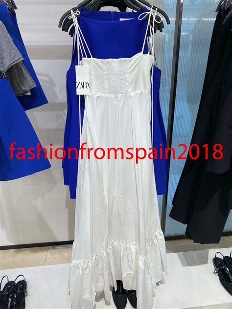 Zara New Woman Midi Strappy Zw Coll Ruffled Poplin Dress White Xs L