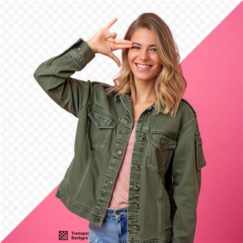 Junge blonde frau lächelt selbstbewusst und macht militärischen gruß vor isoliertem rosa