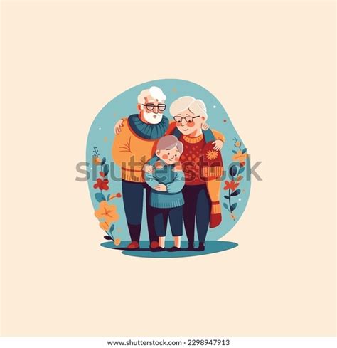 Illustration Grand Grandson Hugging His Grandparents Stock Vector