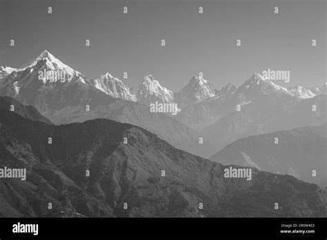 Beautiful Himalayan Landscape In Morning Haze Black And White Snow