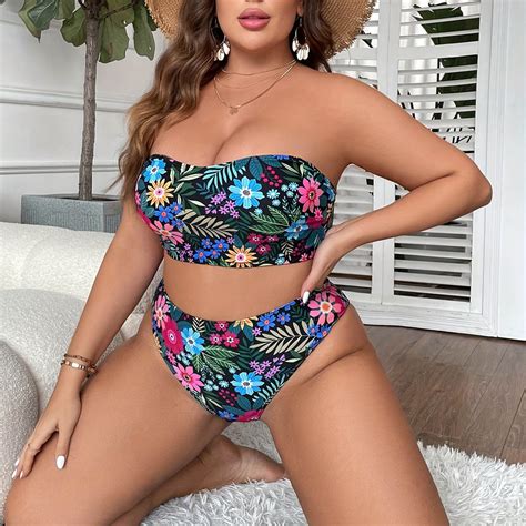 Caijunjia Women S Plus Size Two Piece Bandeau Swimsuit Ribbed Strapless Tube Bikini Top With Mid