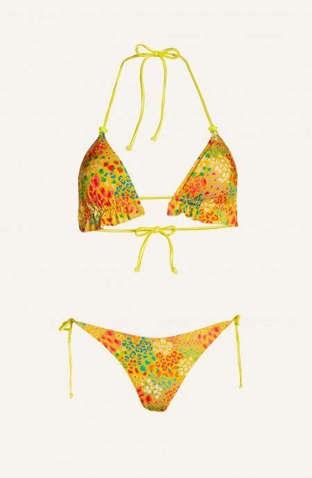 Bikini Triangolo Imbottito Slip Brasiliana Rouches Lurex Stampa Tutti Frutti Taglia L Colore Giallo