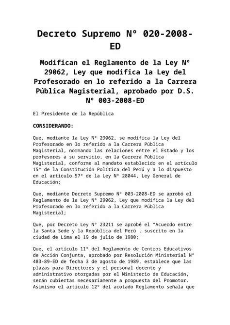 Doc 5d Decreto Supremo Nº 020 Modifican El Reglamento De La Ley Nº