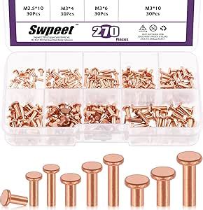 Swpeet Pcs Flat Head Copper Solid Rivet Metal Fasteners Set Copper