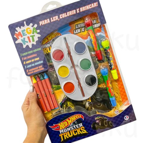 Megakit Livro Infantil Colorir Hot Wheels Ler Colorir E Brincar Giz De Cera Canetinha