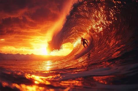 Premium Photo An Incredible View Of A Surfer Riding A Big Wave At Sunset