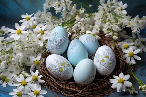 Premium Photo Easter Eggs Near Chamomiles And Pussy Willow