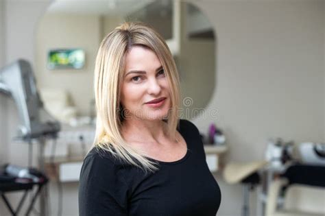 Attractive Caucasian Blonde Woman In Mirror With Perfect Skin Skincare Stock Photo Image Of