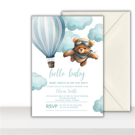 Blue Hot Air Balloon Baby Shower Invitation Teddy Bear Baby Shower Invitation Baby Shower